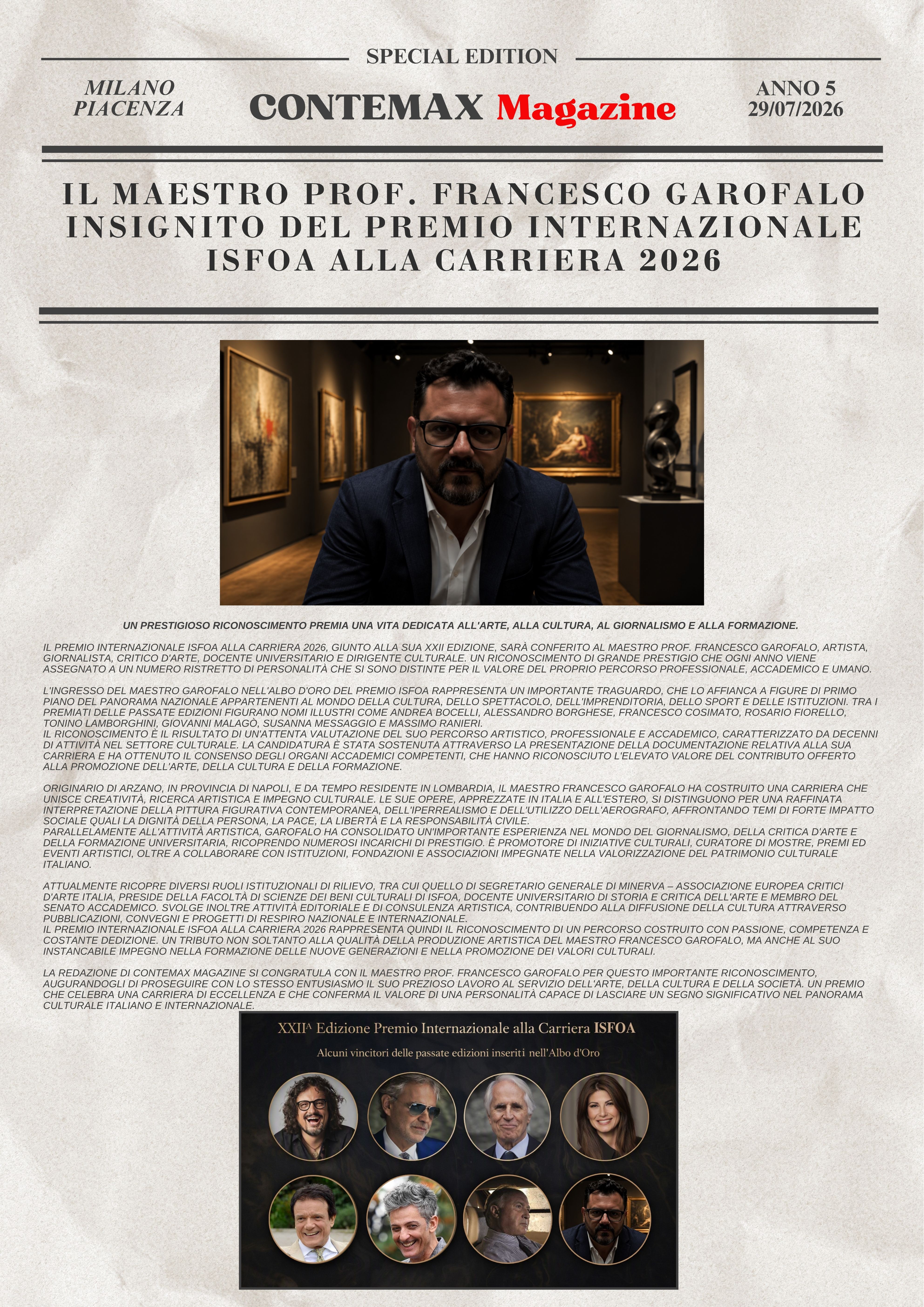 Il Maestro Prof. Francesco Garofalo insignito del Premio Internazionale ISFOA alla Carriera 2026