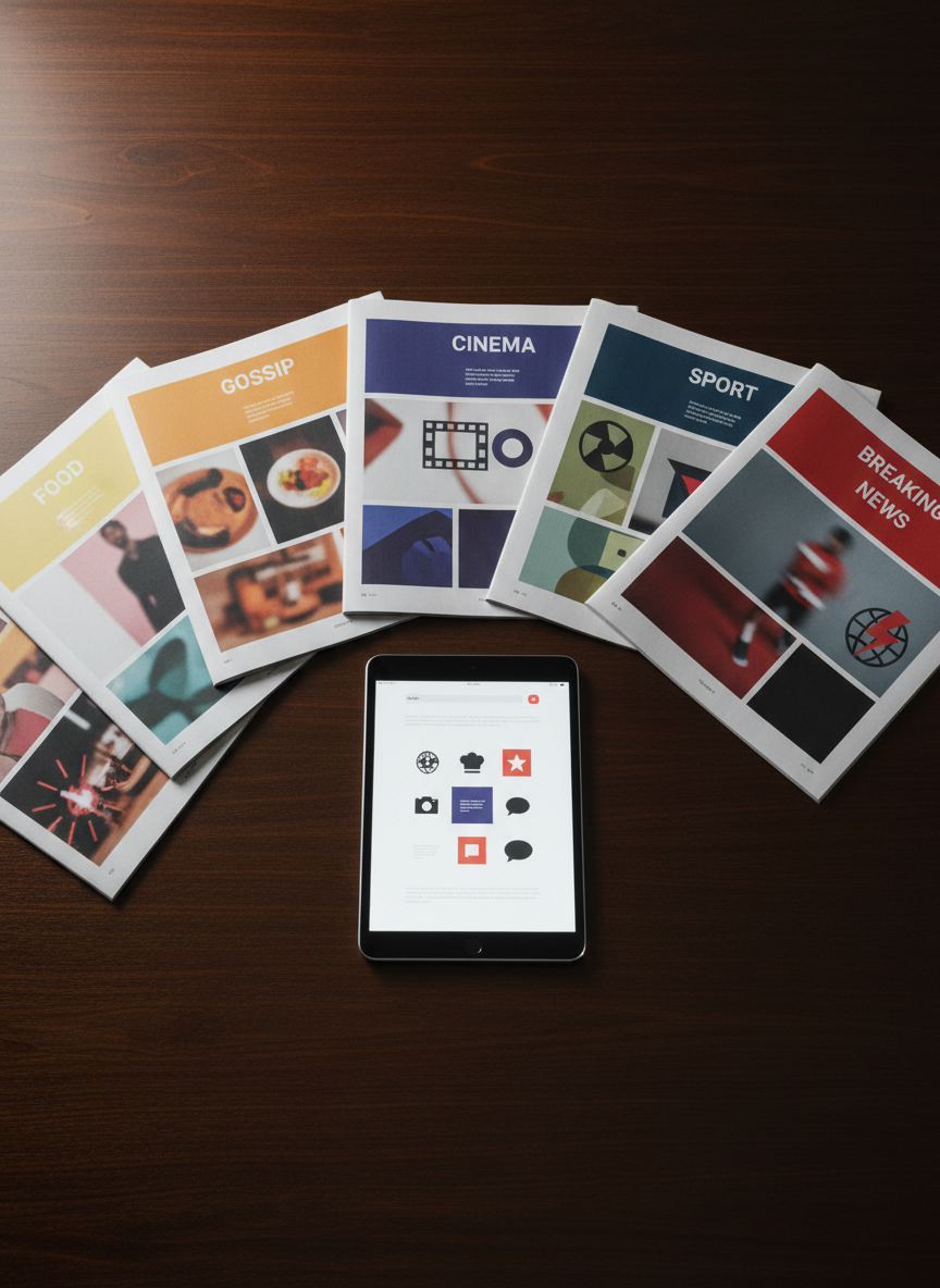 An elegant flat-lay composition of various printed magazine sections spread across a dark wooden table, each page showing abstract photo placeholders and colored rectangles suggesting gossip, food, cinema, sport, culture, and breaking news, all without readable headlines. A slim tablet lies in the center, its screen glowing softly with a simplified news website layout made of shapes and icons. Overhead diffused studio lighting eliminates harsh shadows and enhances the textures of matte paper and polished glass. The mood is organized and editorial, conveying a professional news magazine identity with clean photographic realism and balanced composition.