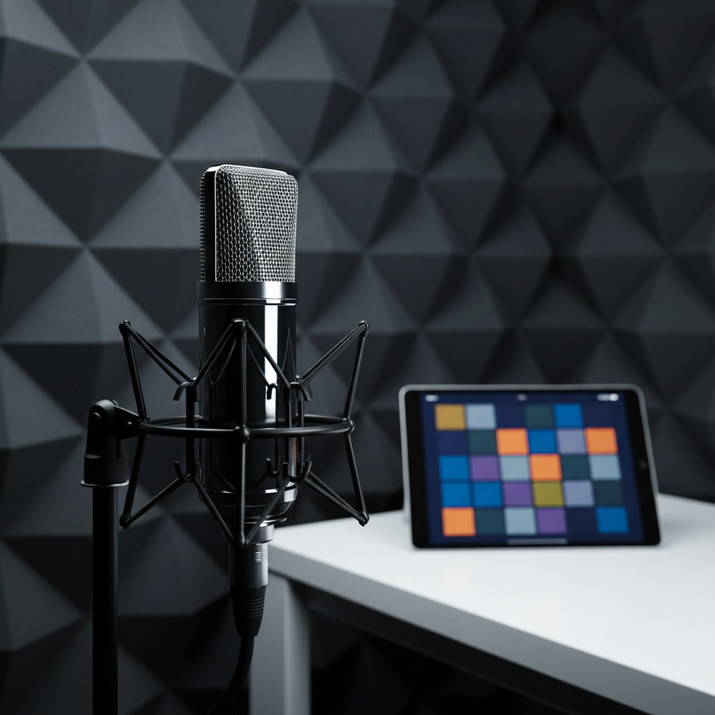 A polished, stainless-steel microphone on a shock mount positioned in front of a soundproof wall covered with dark acoustic panels, symbolizing interviews and investigative reporting. On a nearby minimalist white desk rests a tablet showing a grid of colored tiles representing different news categories instead of actual text. Cool, controlled studio lighting from above and one side creates crisp highlights on the metal surfaces and subtle shadows on the panels. Captured from a slightly low angle with the microphone prominent in the foreground and the tablet softly blurred behind. The atmosphere is serious and journalistic, with a modern, photographic style suited for a professional news magazine.