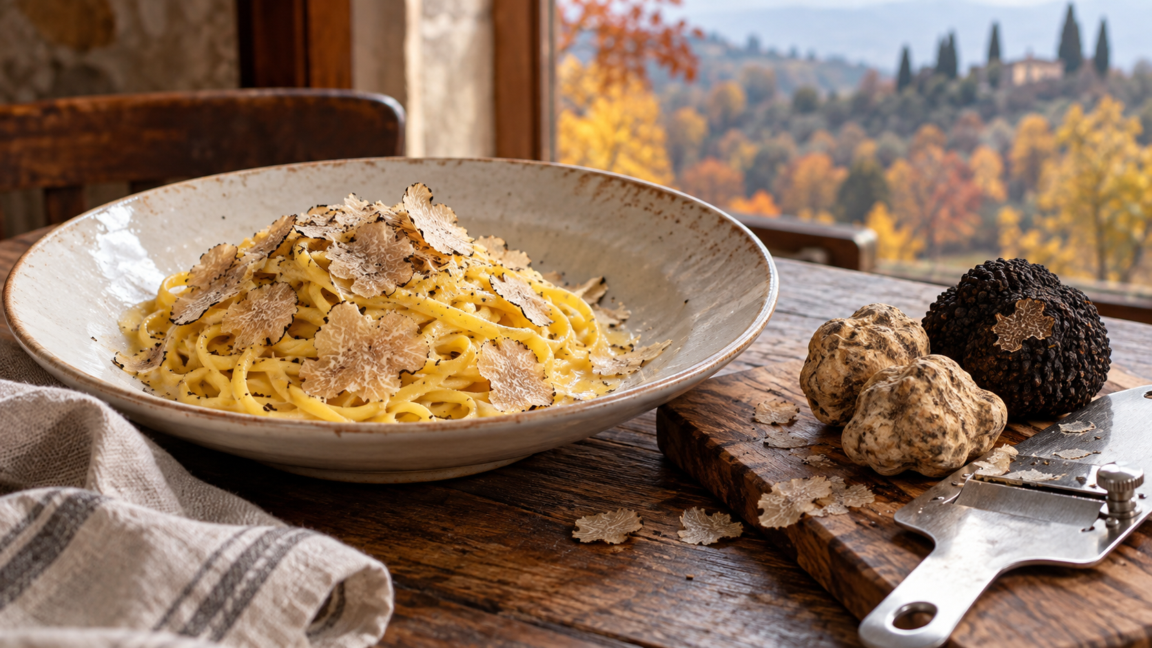 Tagliolini con scaglie di tartufo, tartufi bianchi e nero su una tavola rustica.
