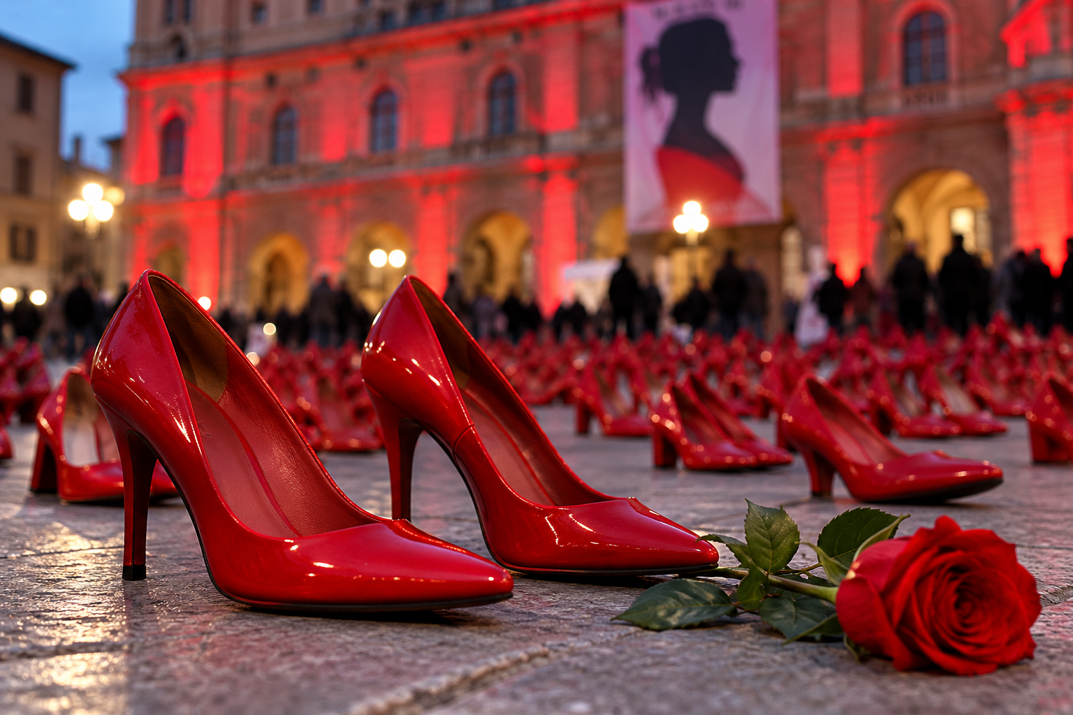 Scarpe rosse simbolo della lotta contro la violenza sulle donne in una piazza illuminata di ro