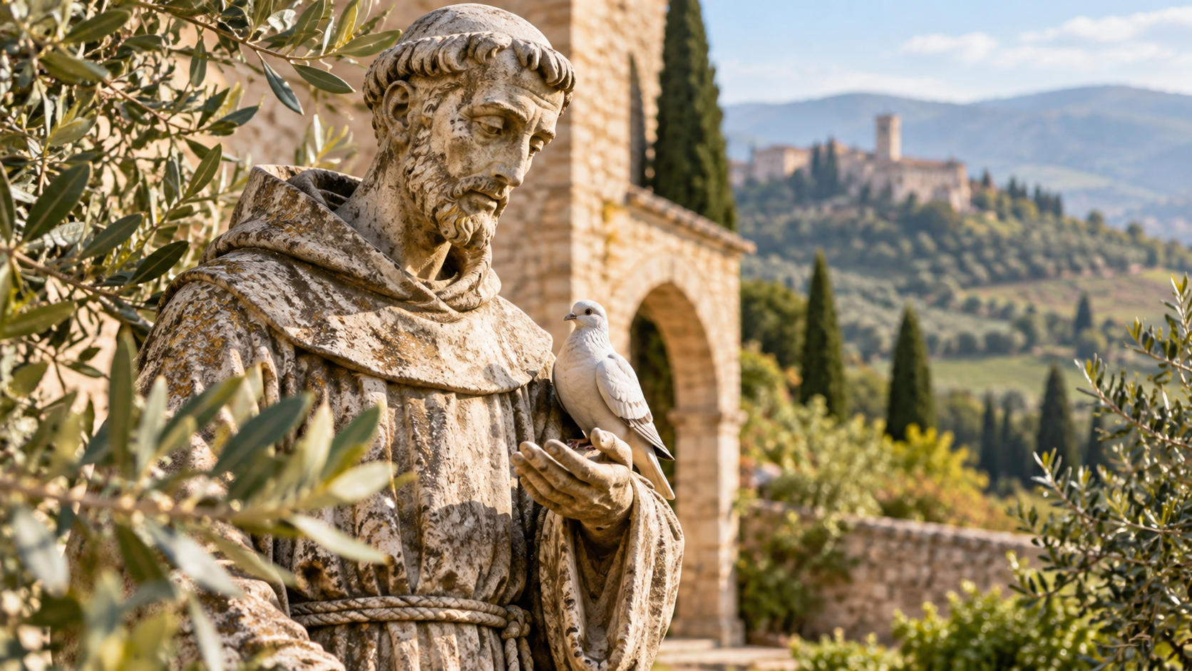 Statua di San Francesco con una colomba e rami d’ulivo.